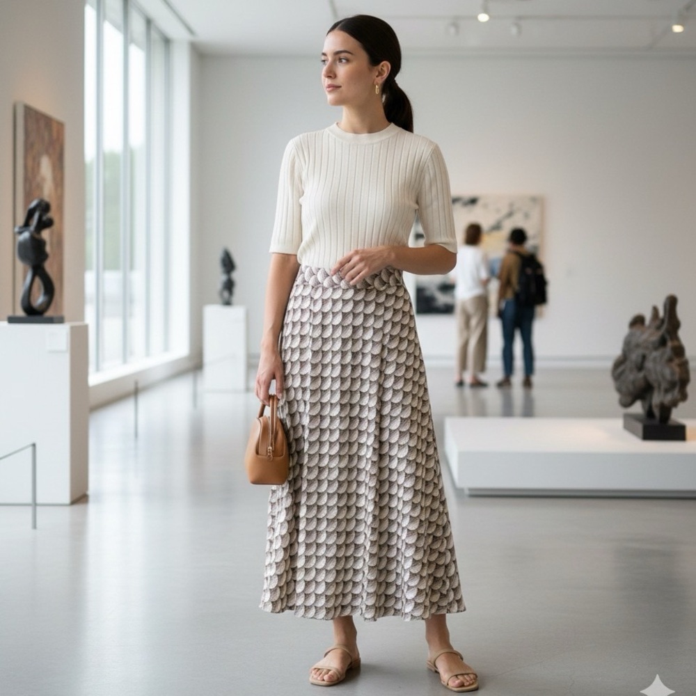 𝅺VINTAGE Tan Circle Print Midi Skirt Size XS